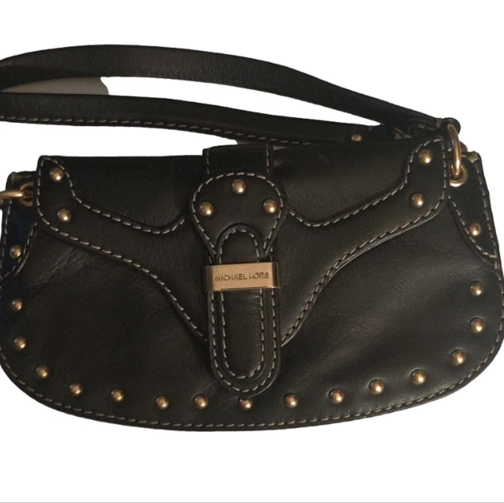 Michael Kors Black Leather Clutch/Wristlet with Gold Accents
